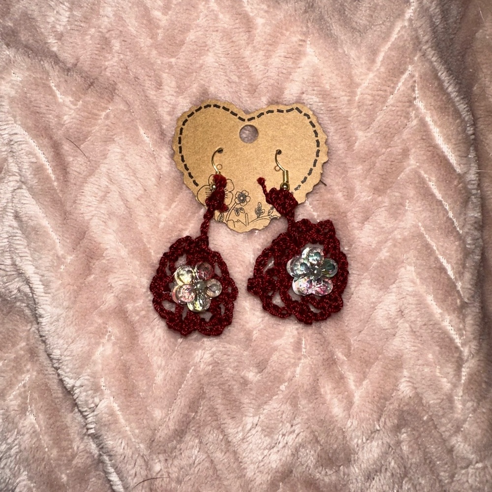 Handcrafted Red Crochet Flower Earrings